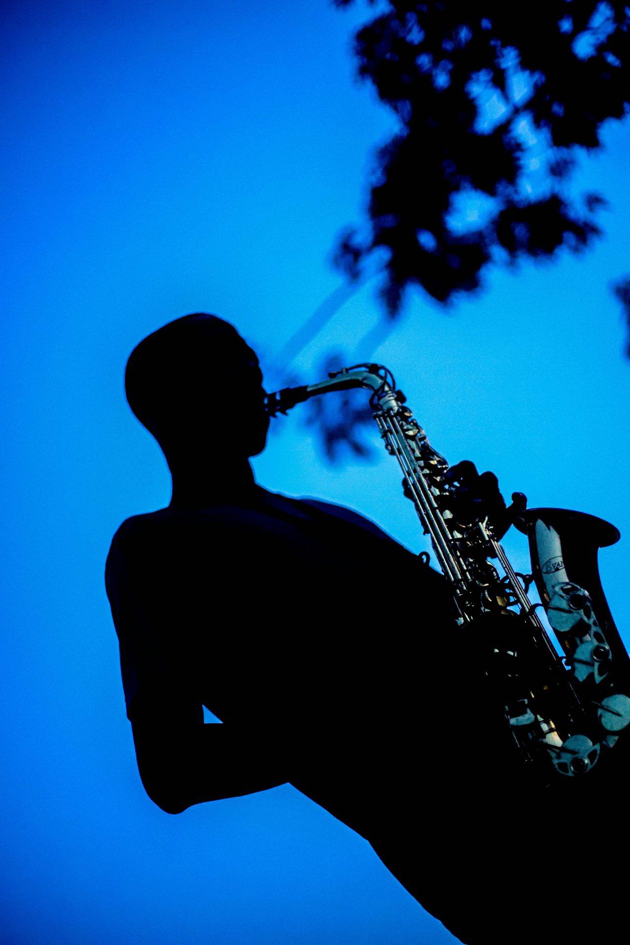 silhouette of a saxophone player on a blue background, Gracious Adebayo via Unsplash
